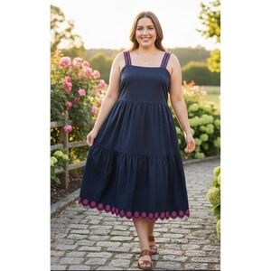 J. Crew Navy Pink Eyelet Scalloped Embroidered Tiered Sundress Womens Sz 14 NEW